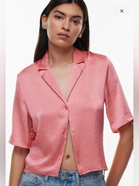 Aritzia Beso Satin Button-Down Shirt - Coral Pink SZ M